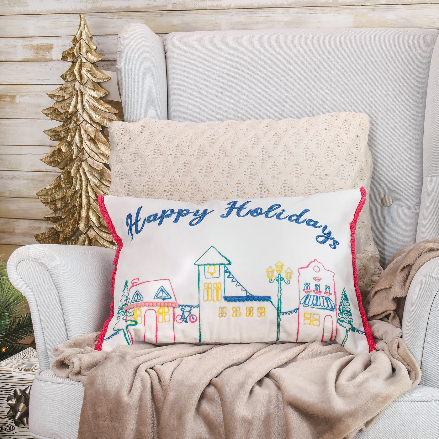 20 in. HGTV Home Collection Embroidered Happy Holidays Pillow - National Tree Company