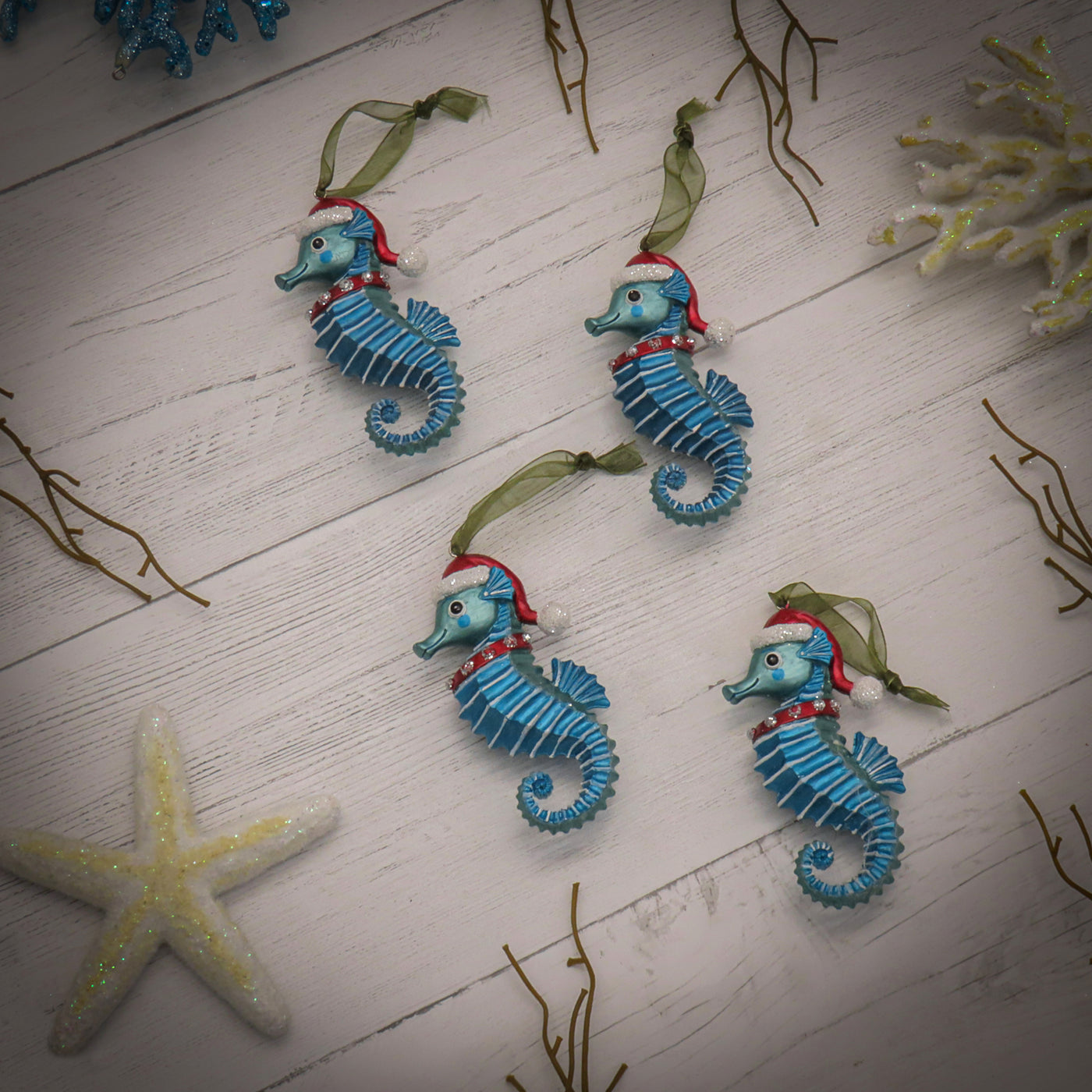 4-Piece HGTV Home Collection Teal Seahorse Ornaments - National Tree Company