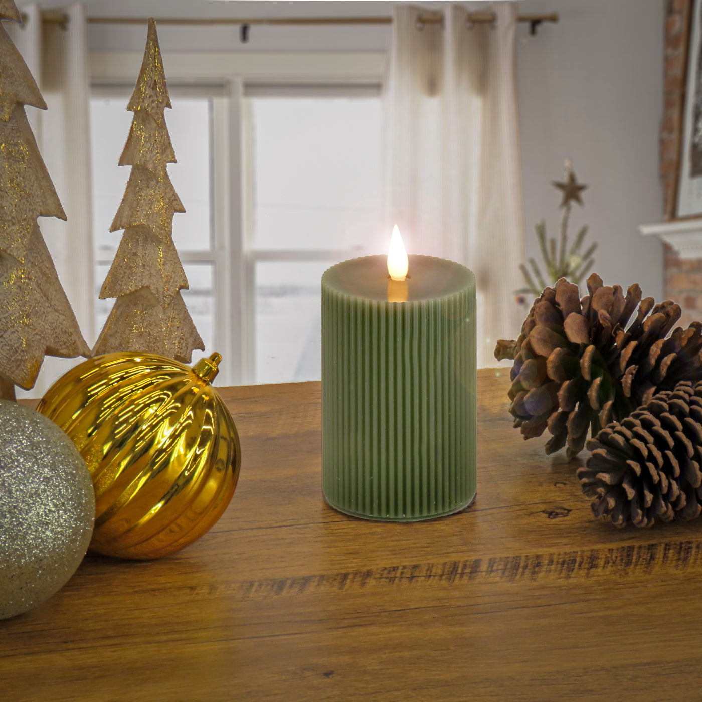 3x7 HGTV Home Collection Flameless Georgetown Pillar Candle, Dk Green - National Tree Company