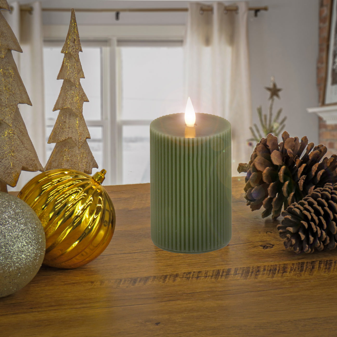 4 in. by 8 in. HGTV Home Collection Flameless Georgetown Pillar Candle, Dk Green - National Tree Company