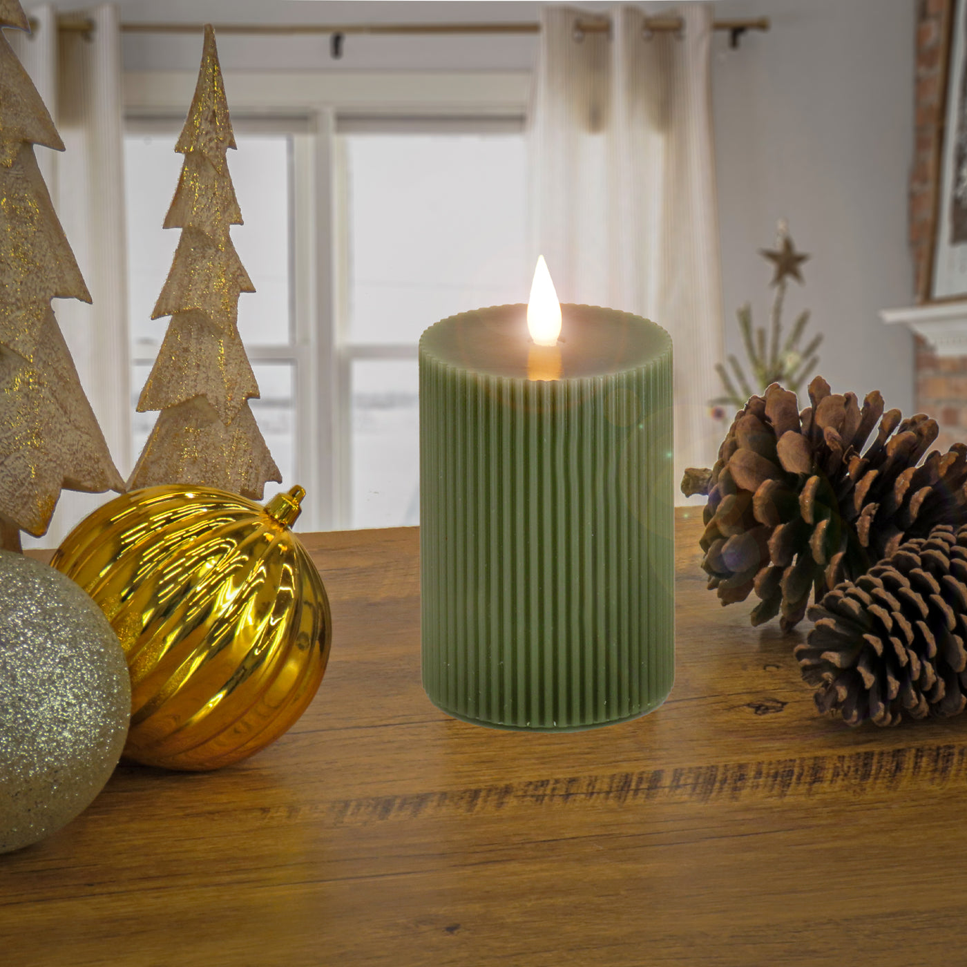 5x11 HGTV Home Collection Flameless Georgetown Pillar Candle, Dk Green - National Tree Company