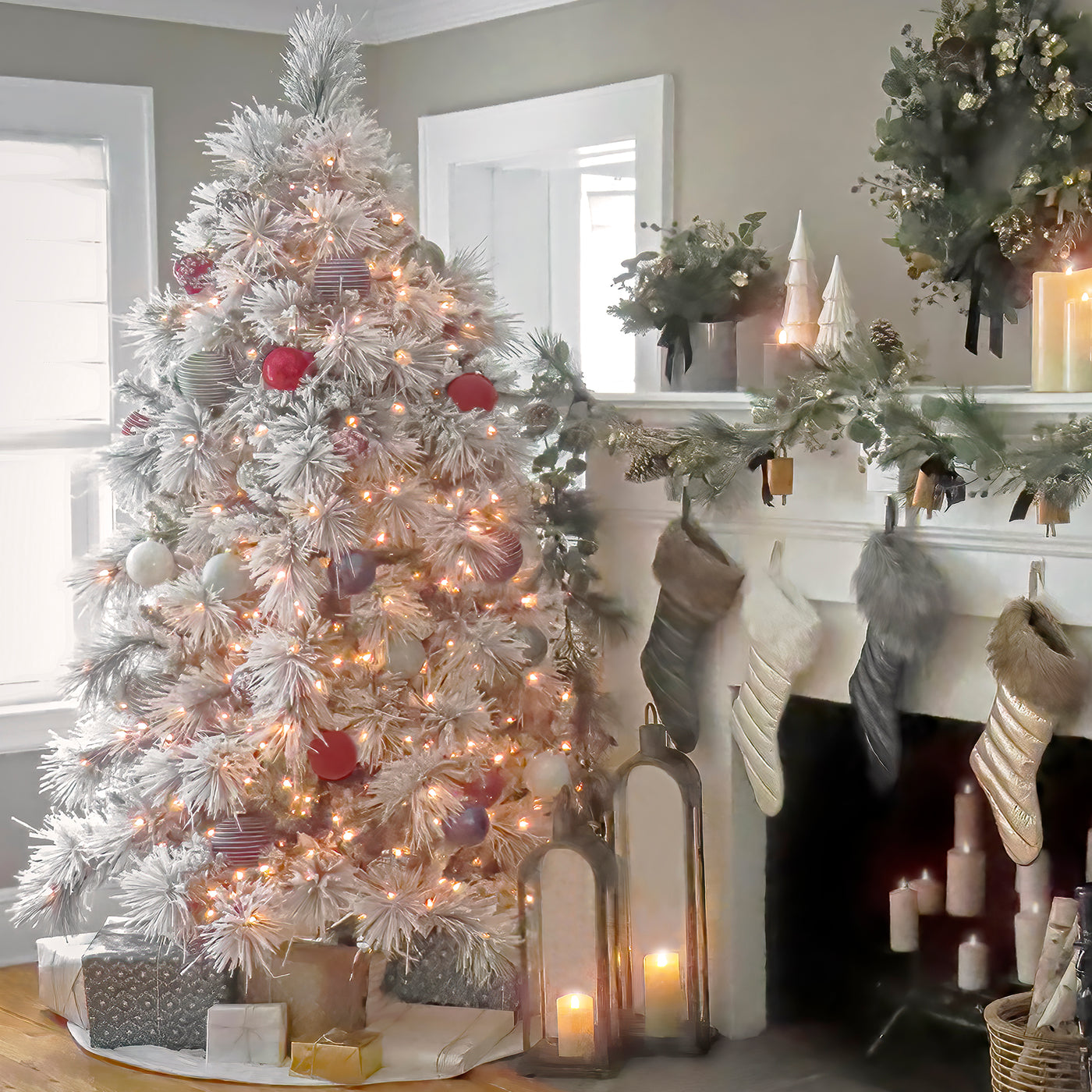 HGTV Home Collection 6.5 ft. Pre-Lit Flocked Bavarian Pine Tree - National Tree Company