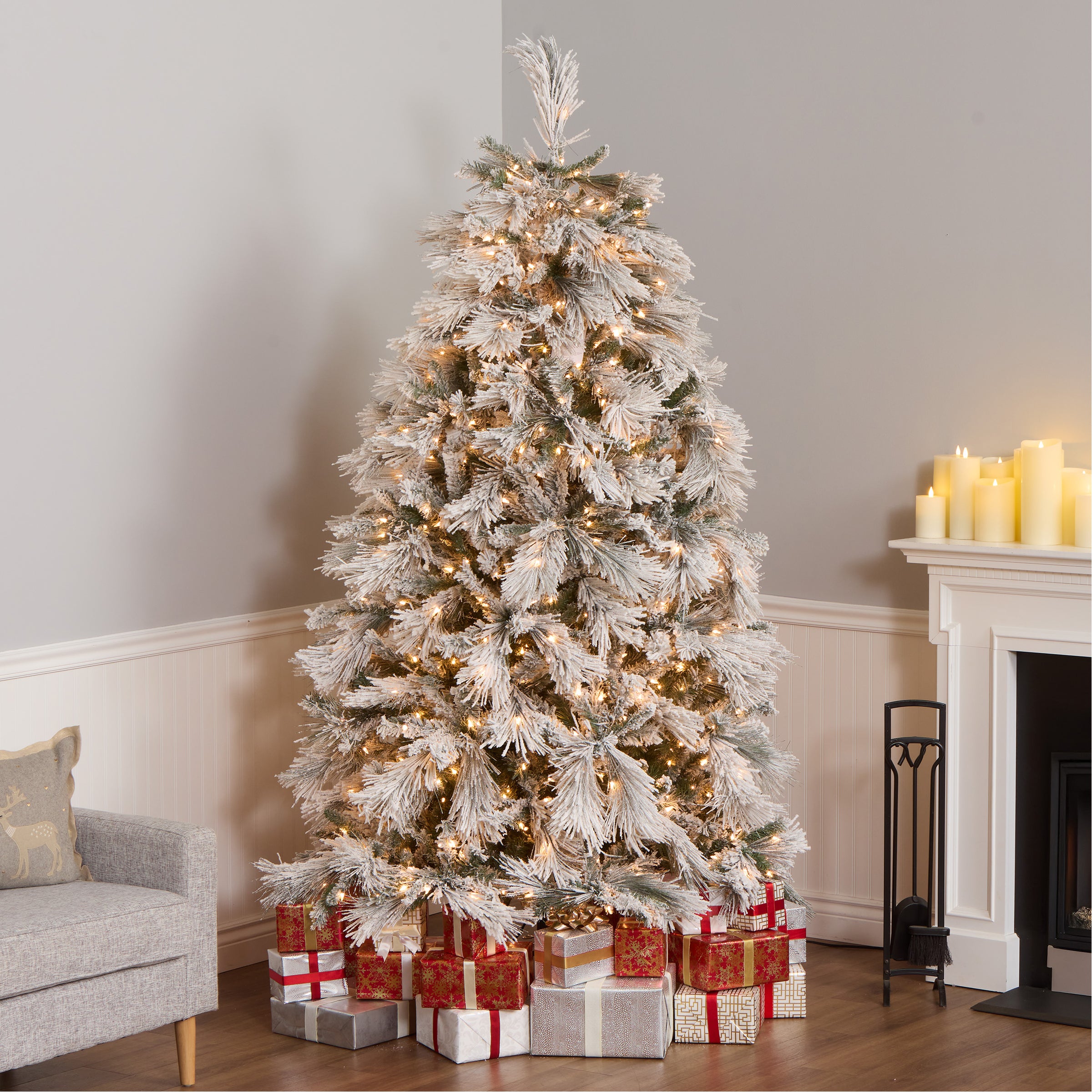 7.5 ft. Pre-Lit Flocked Bavarian Pine Tree with Clear Lights