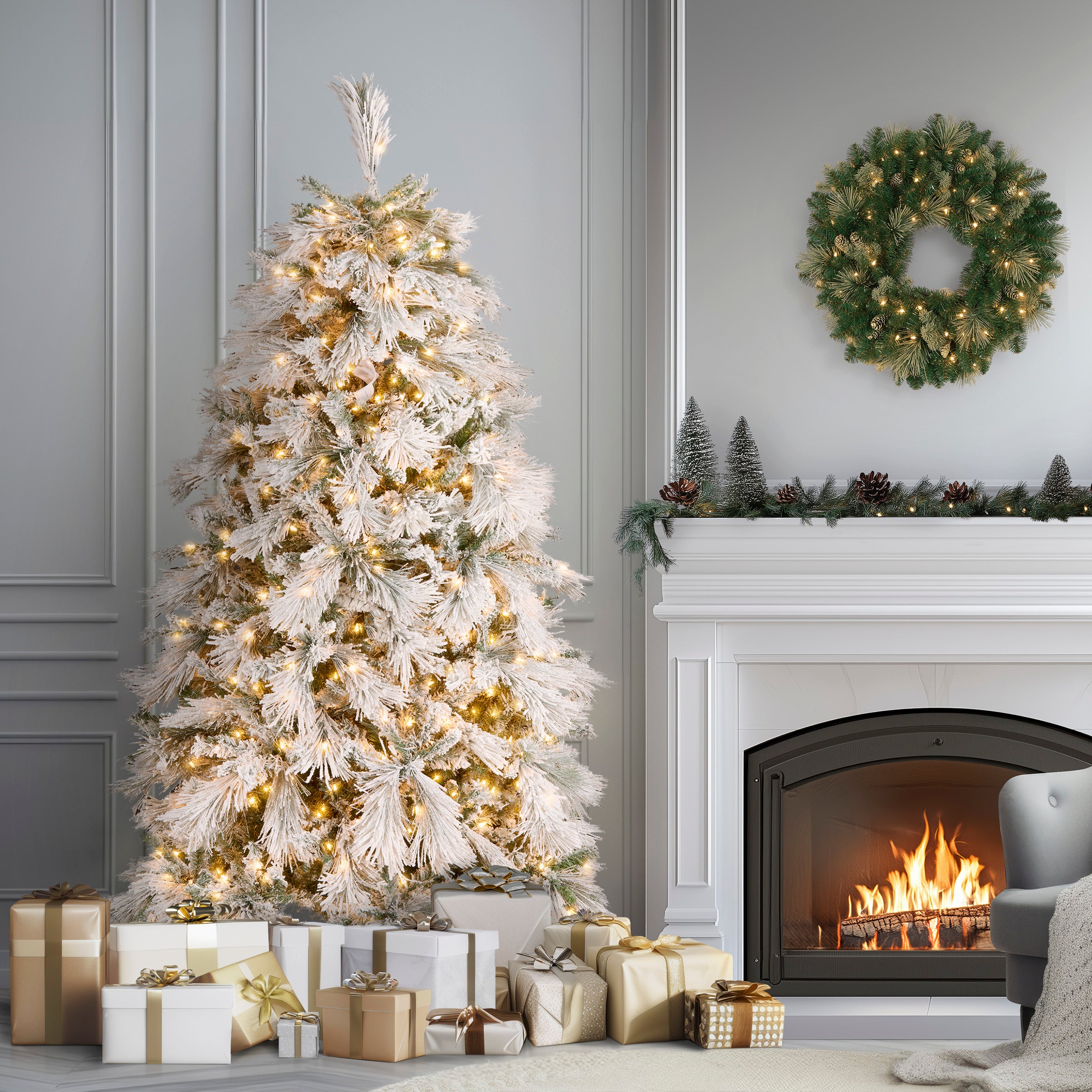 7.5 ft. Pre-Lit Flocked Bavarian Pine Tree with Clear Lights