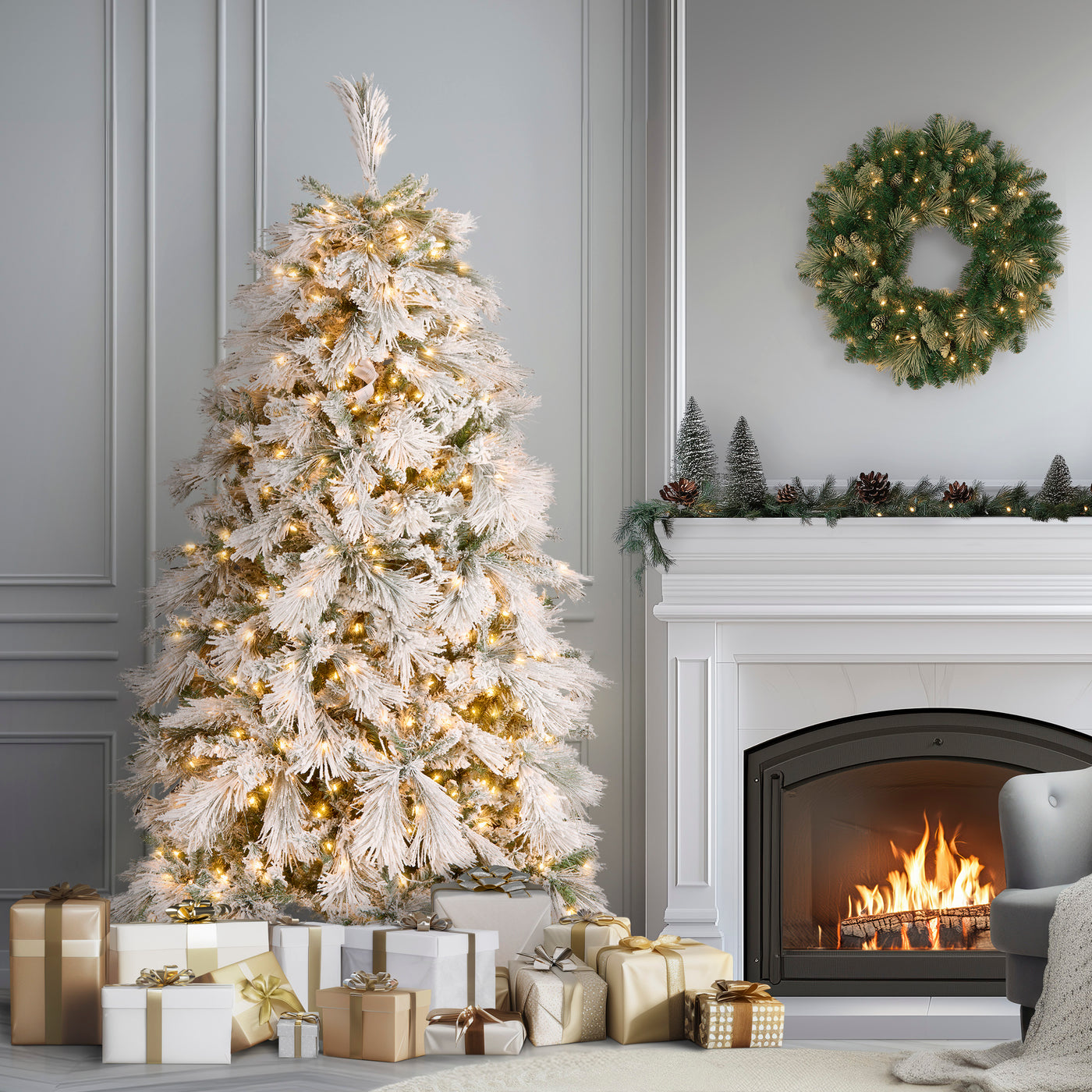 7.5 ft. Pre-Lit Flocked Bavarian Pine Tree - National Tree Company