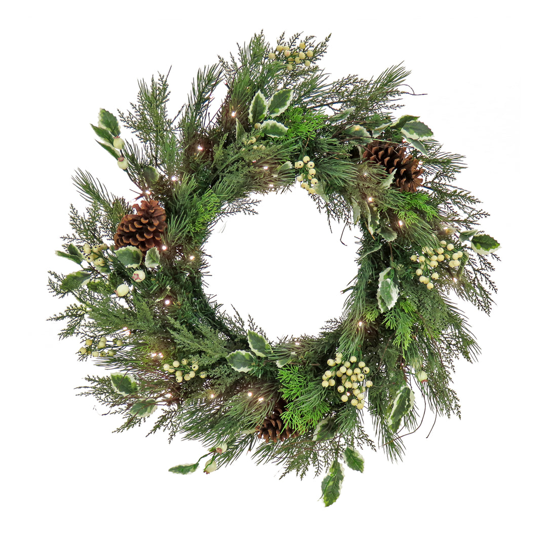 28" HGTV Home Collection Pre-Lit Holly and Berry Wreath