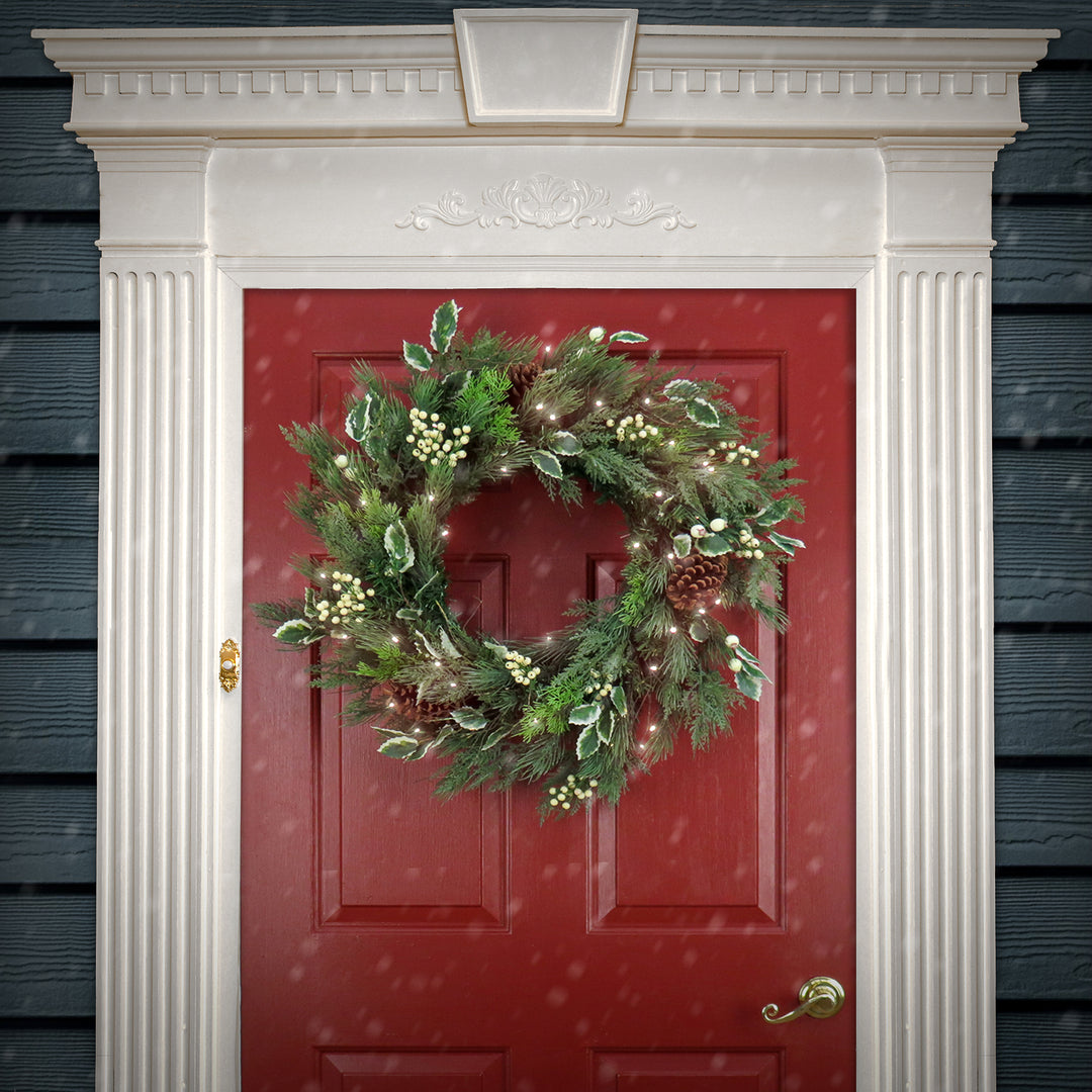 28" HGTV Home Collection Pre-Lit Holly and Berry Wreath