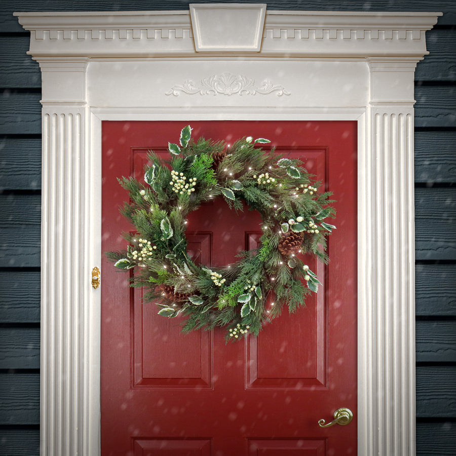 28 in. Pre-Lit HGTV Home Collection Holly and Berry Wreath