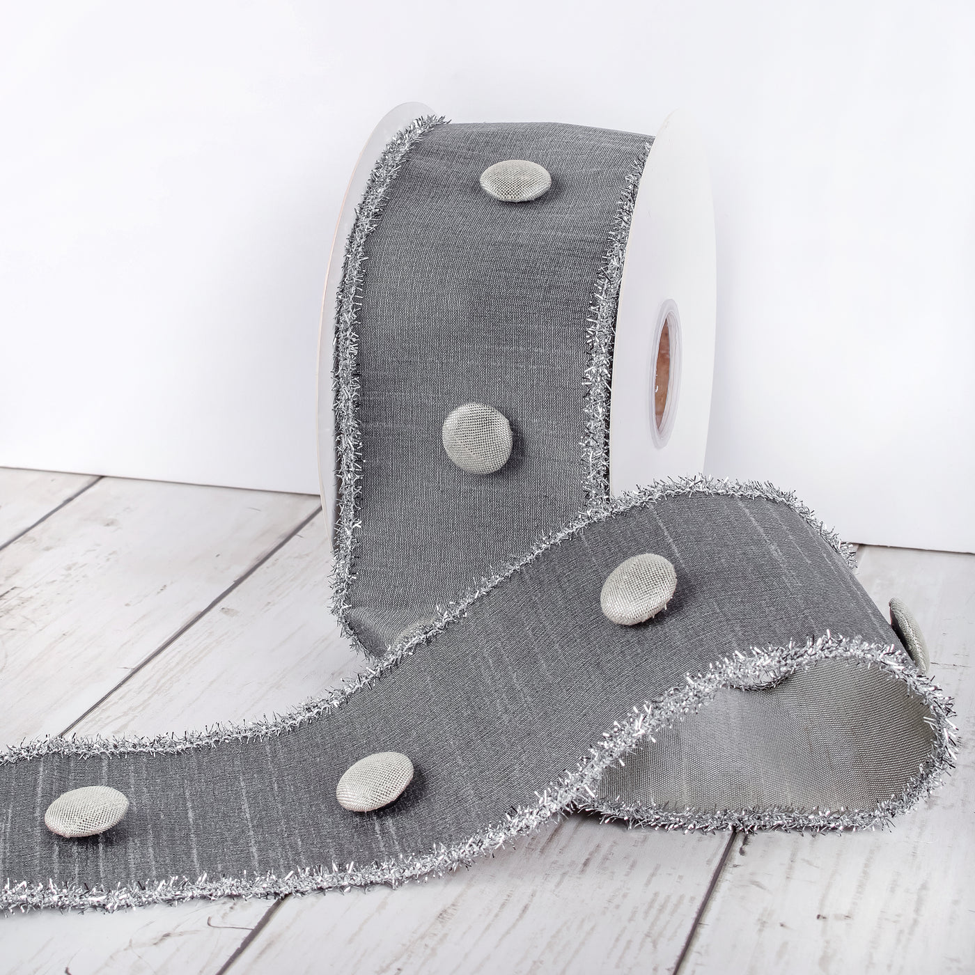 3 in. HGTV Home Collection Dupioni Button Ribbon, Silver - National Tree Company