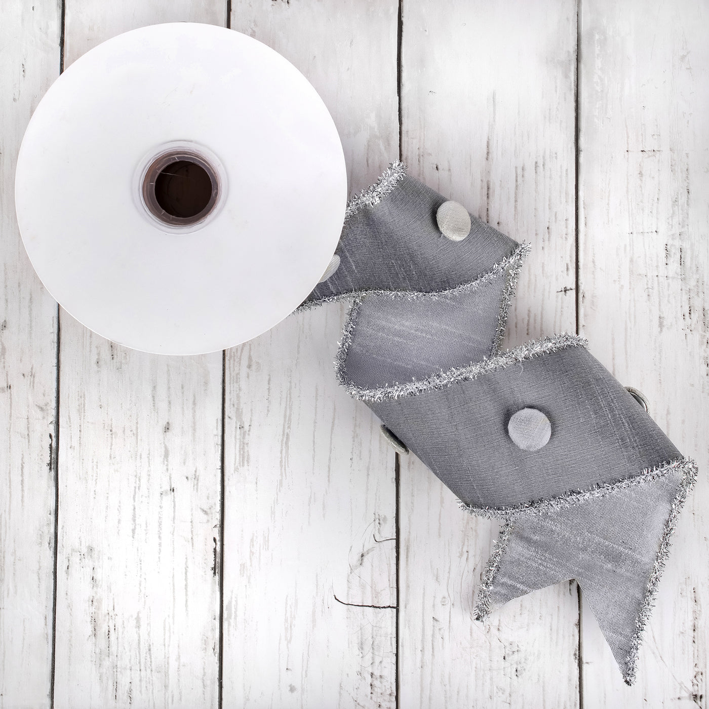 3 in. HGTV Home Collection Dupioni Button Ribbon, Silver - National Tree Company