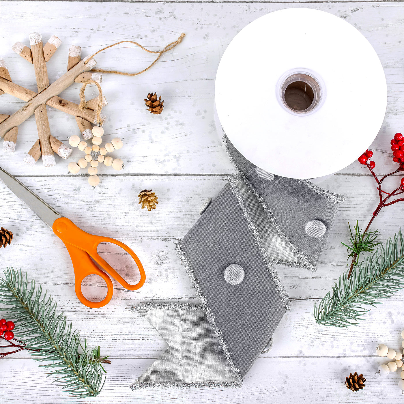 3 in. HGTV Home Collection Dupioni Button Ribbon, Silver - National Tree Company