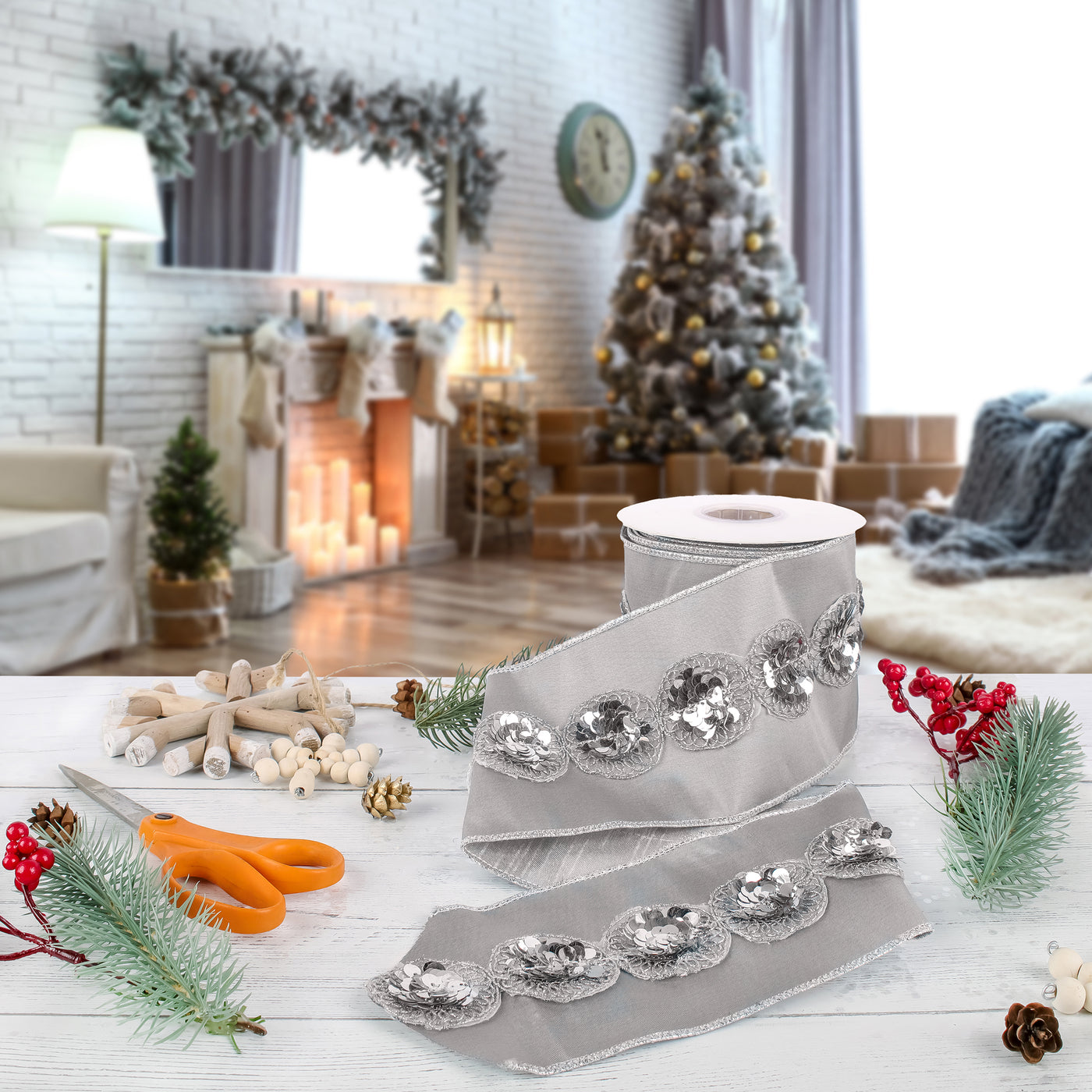 HGTV Home Collection Sequin Beaded Taffeta Ribbon, Gray