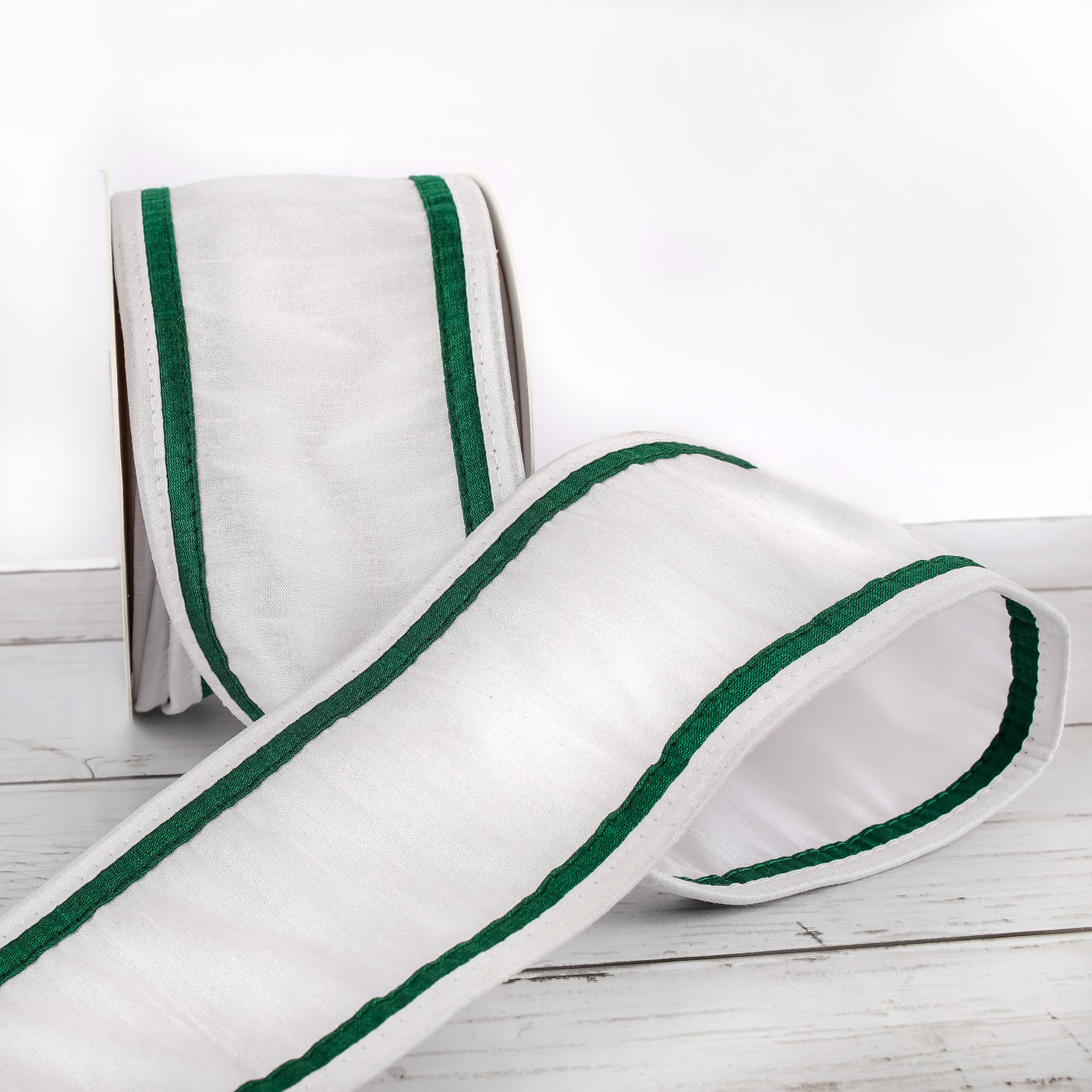 3 in. HGTV Home Collection Dupioni Double-Sided Ribbon, White & Green - National Tree Company
