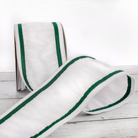 3 in. HGTV Home Collection Dupioni Double-Sided Ribbon, White & Green - National Tree Company