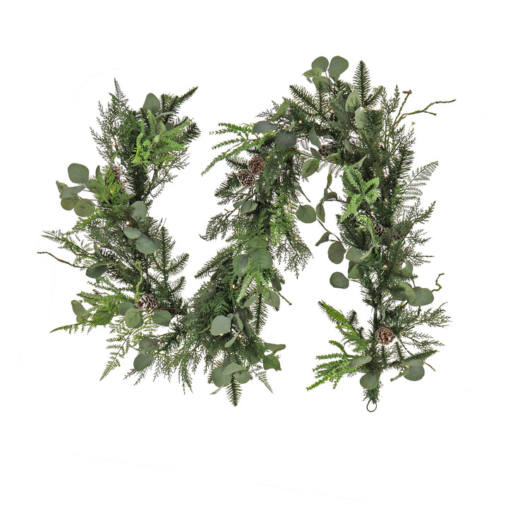 HGTV Home Collection, 6ft Winter Garden Eucalyptus Mixed Tip Garland, 50 LED Lights- Battery Operated with Timer