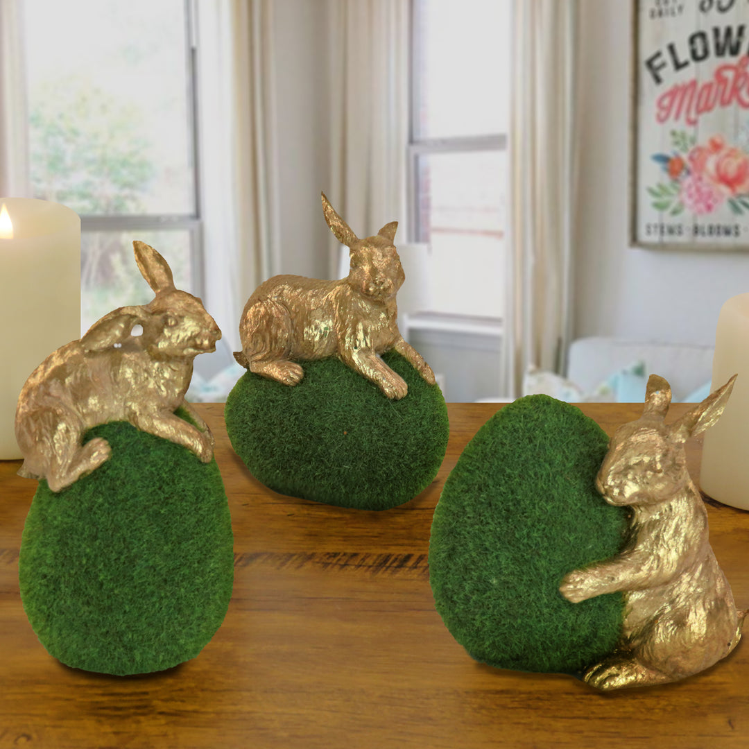 Artificial Green Moss Eggs, Includes Gold Bunnies, Set of Three, Easter Collection, 7 Inches
