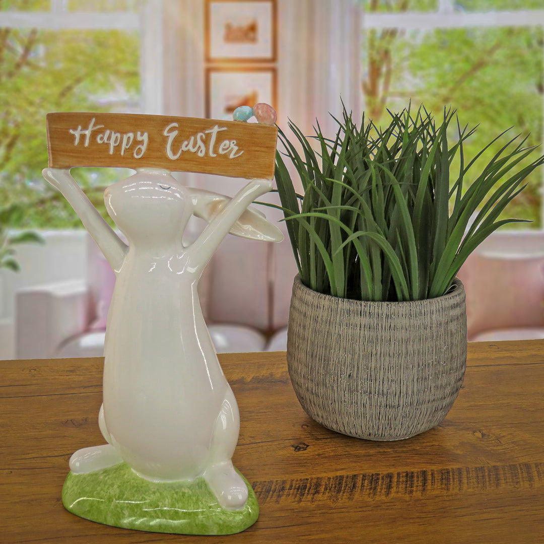 Easter Bunny with Sign Table Decoration, White, Easter Collection, 11 Inches