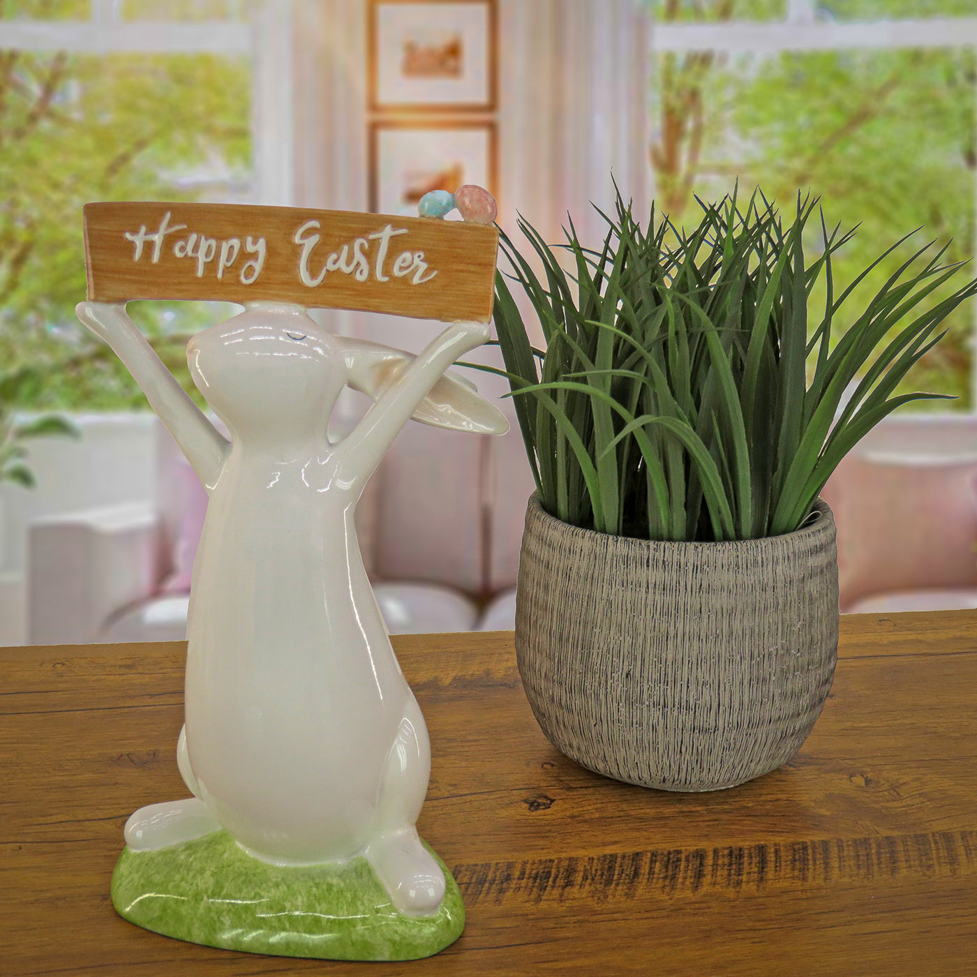 Easter Bunny with Sign Table Decoration, White, Easter Collection, 11 Inches - National Tree Company