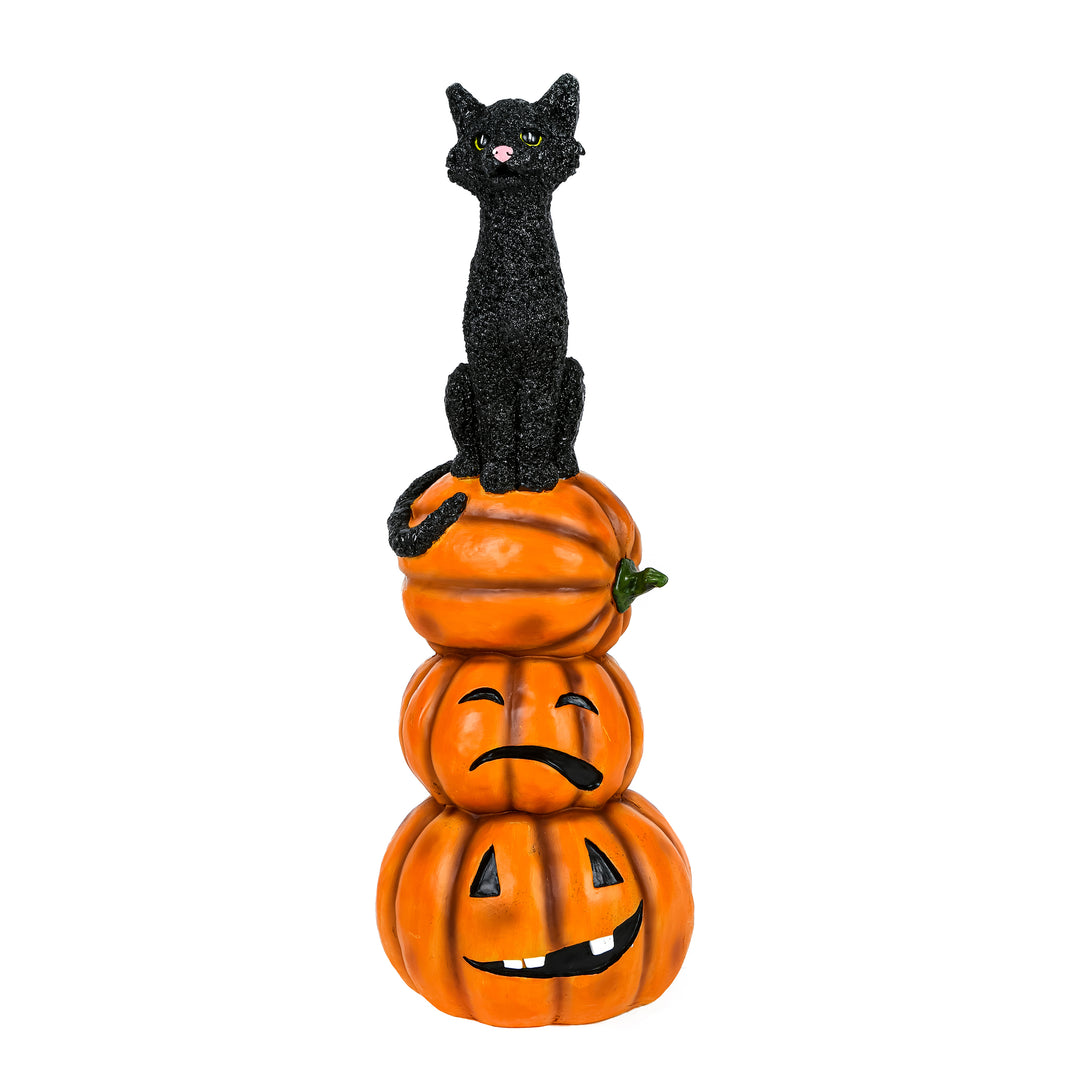 Halloween Tabletop Decoration, Black, Black Cat with Pumpkin Stack, 32 Inches