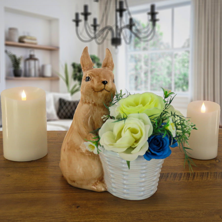 11 in. Ceramic Bunny with Basket Table Decoration