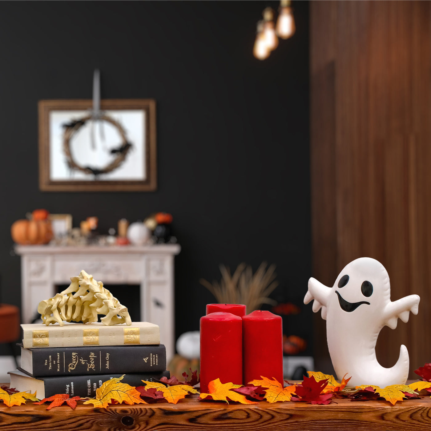 Halloween Tabletop Decoration, White, Happy Ghost, 9 Inches - National Tree Company