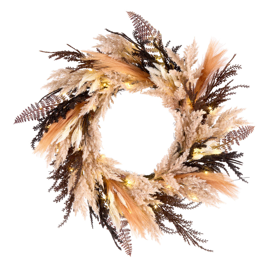 Halloween Pre-Lit Artificial Orange and Black Pampas Wreath, 30 Warm White LED Lights, Battery Operated, 26 inch - National Tree Company