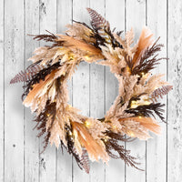 Halloween Pre-Lit Artificial Orange and Black Pampas Wreath, 30 Warm White LED Lights, Battery Operated, 26 inch - National Tree Company