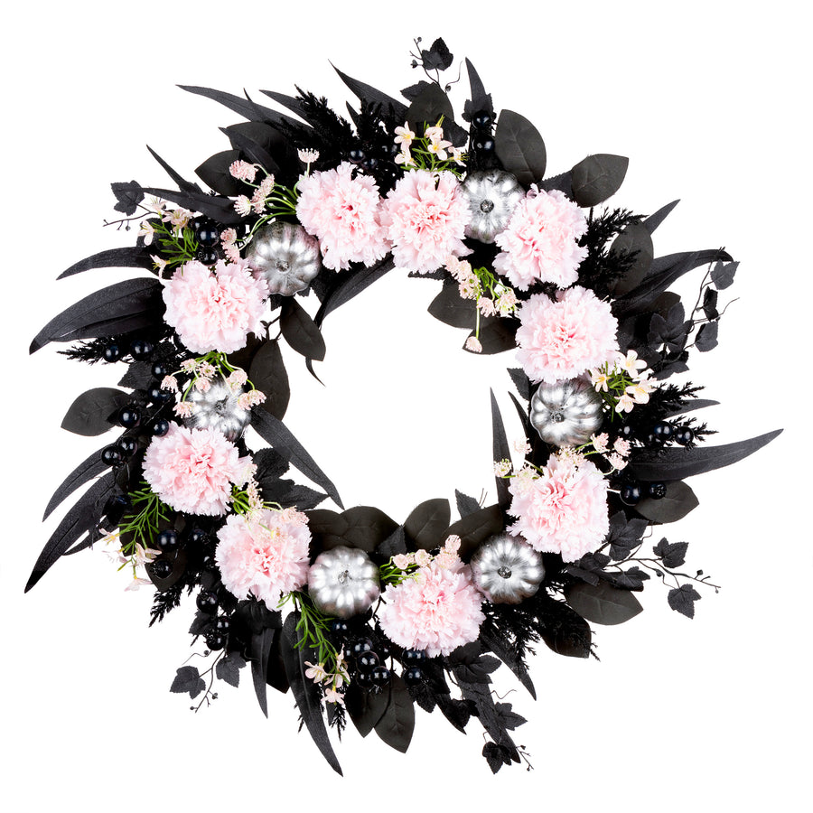 Halloween Artificial Pretty Morbid Pink Carnation Wreath, Black, Silver Pumpkins, 26inch - National Tree Company