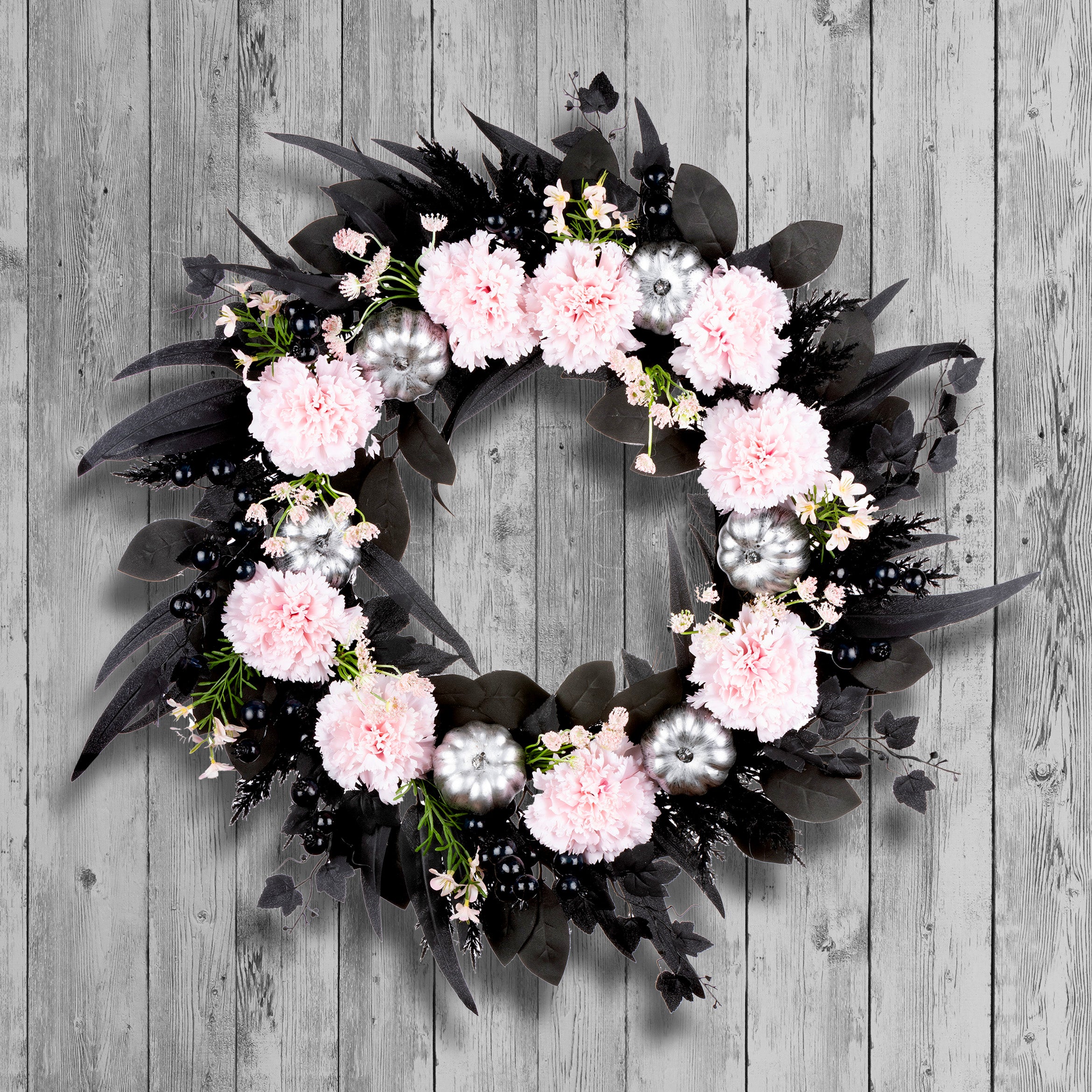 26 in. Halloween Pretty Morbid Pink Carnation Wreath with Silver