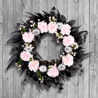 Halloween Artificial Pretty Morbid Pink Carnation Wreath, Black, Silver Pumpkins, 26inch - National Tree Company