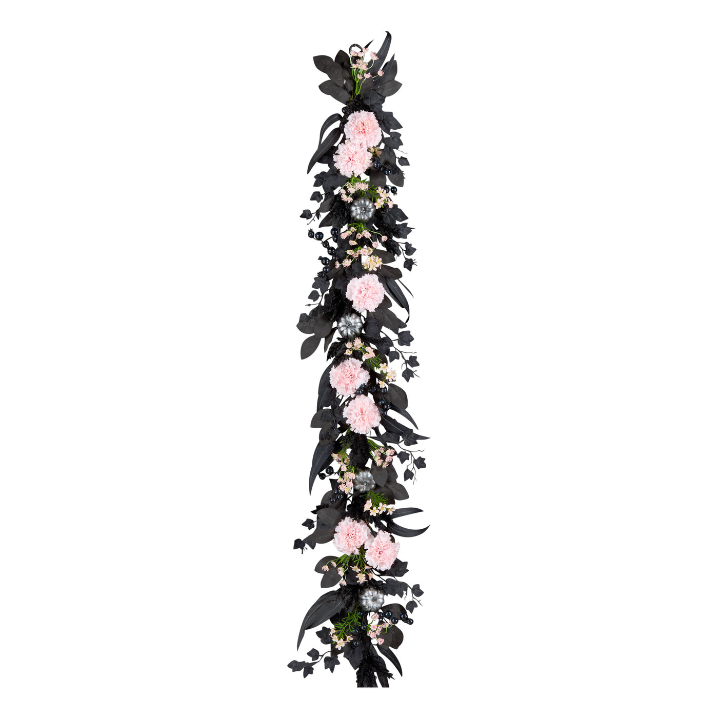 Halloween Artificial Pretty Morbid Pink Carnation Wreath, Black, Silver Pumpkins, 6 Feet - National Tree Company