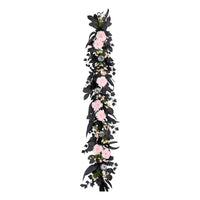 Halloween Artificial Pretty Morbid Pink Carnation Wreath, Black, Silver Pumpkins, 6 Feet - National Tree Company