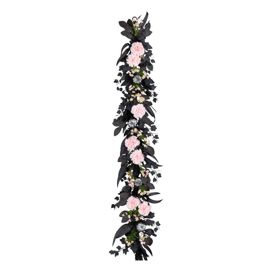 6 ft. Halloween Pretty Morbid Pink Carnation Wreath with Silver Pumpkins - National Tree Company