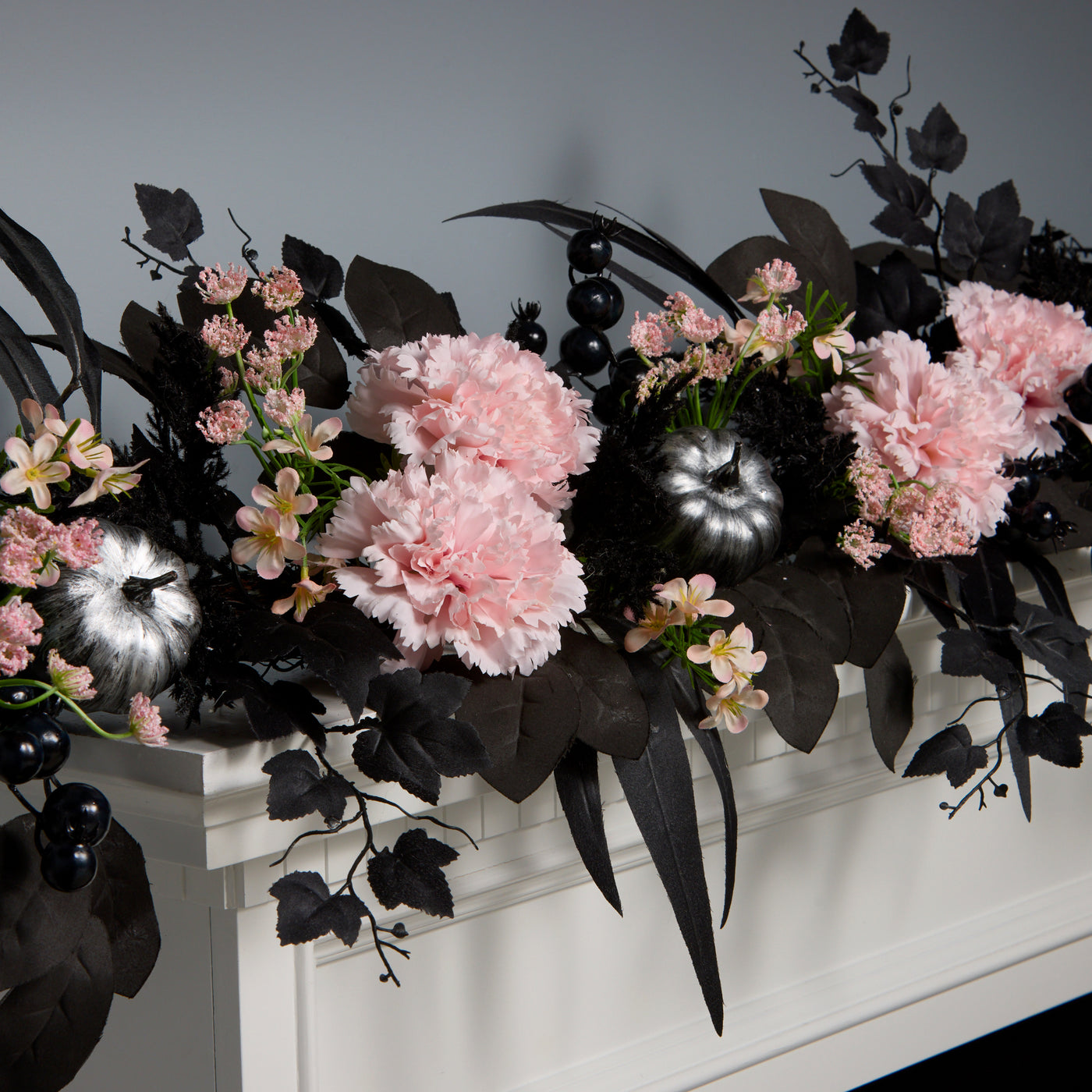 Halloween Artificial Pretty Morbid Pink Carnation Wreath, Black, Silver Pumpkins, 6 Feet - National Tree Company