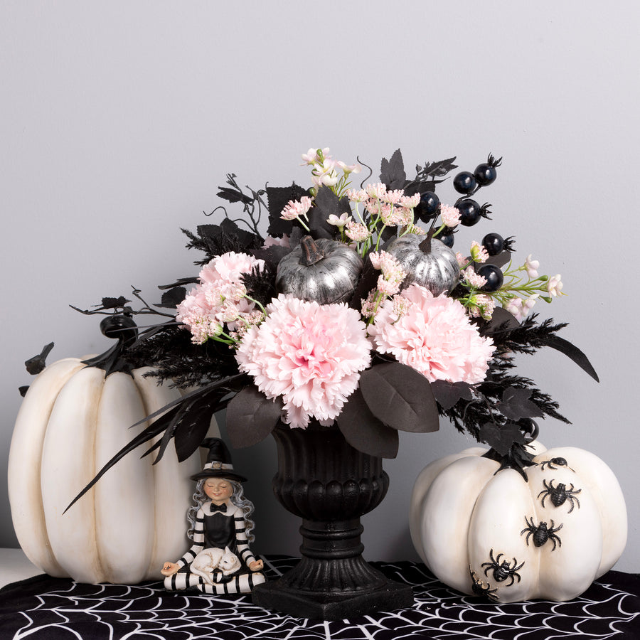 17 in. Halloween Pretty Morbid Pink Carnation Centerpiece with Black Pedestal Urn, Velvet Pumpkins