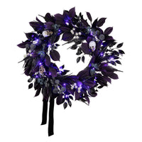 Halloween  26inch Artificial Floral Mini Skull Wreath, 30 Purple LED Lights, Battery Operated - National Tree Company