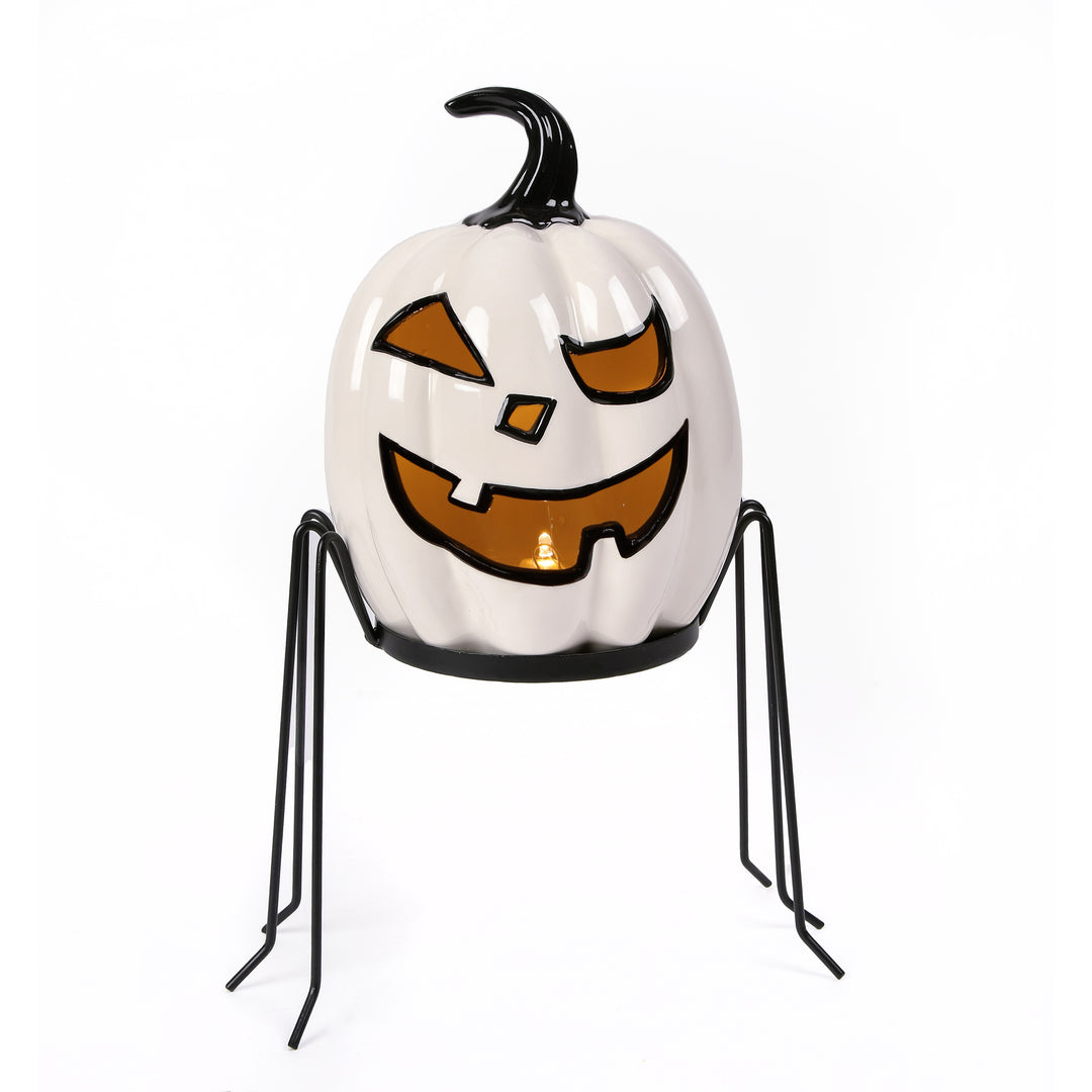 Halloween Pre Lit Tabletop Decoration, White, Ghost Pumpkin, Includes Stand, 15 Inches