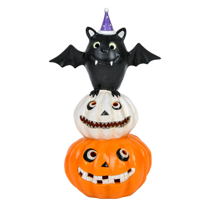 Halloween Pre Lit Tabletop Decoration, Orange, Bat Standing on Pumpkins, LED Lights, Battery Operated, 22 Inches