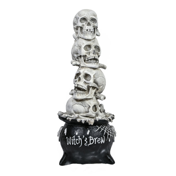 Halloween Tabletop Decoration, White, Stacked Skulls in a Cauldron, 38 Inches
