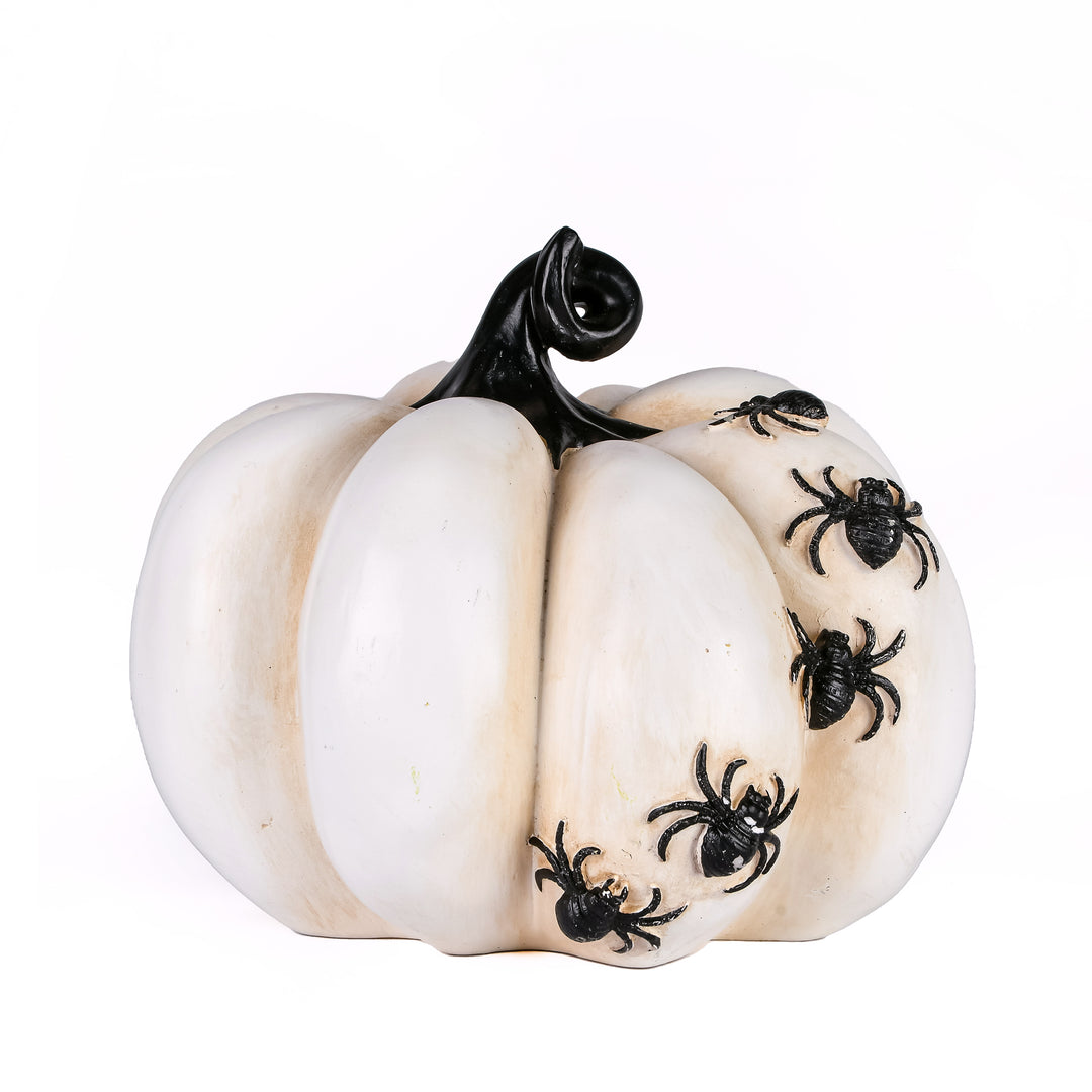 Halloween Tabletop Decoration, White, Crawling Spiders Pumpkin, 6 Inches