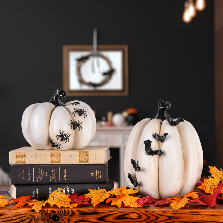 Halloween Tabletop Decoration, White, Crawling Bats Pumpkin, 9 Inches