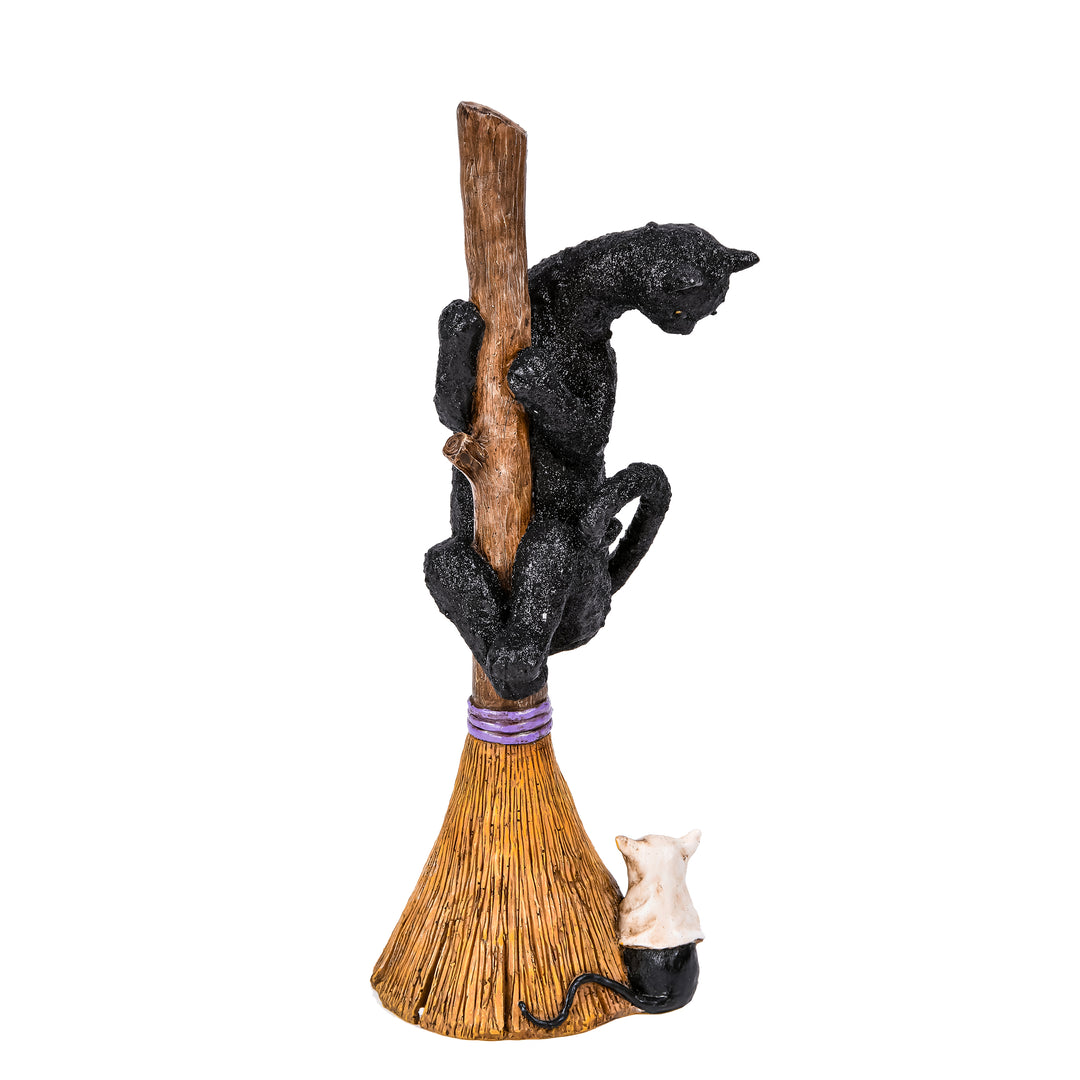 Halloween Tabletop Decoration, Black, Black Cat with a Broom, 13 Inches