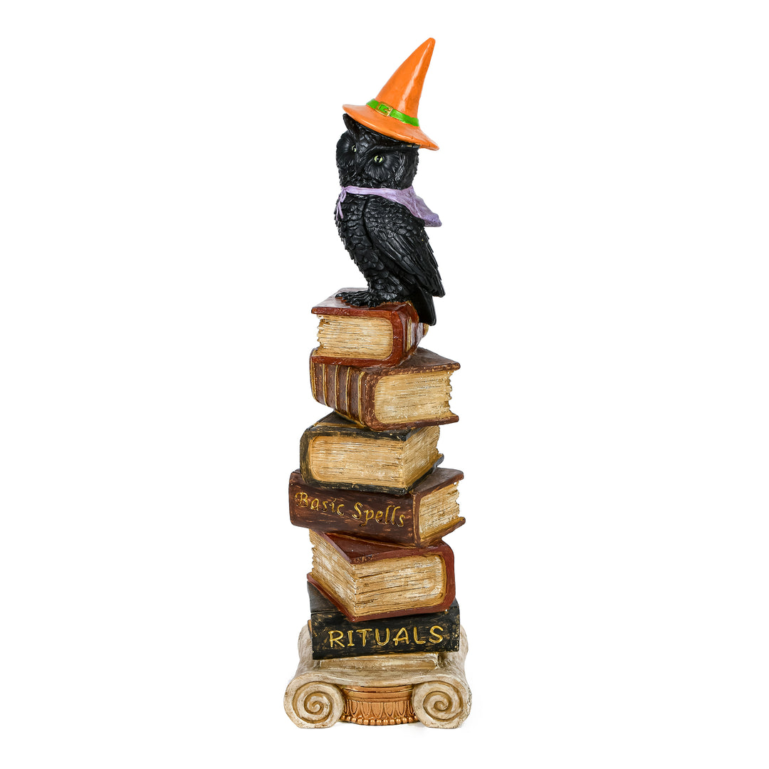 Halloween Tabletop Decoration, Black, Owl on Stacked Books, 32 Inches