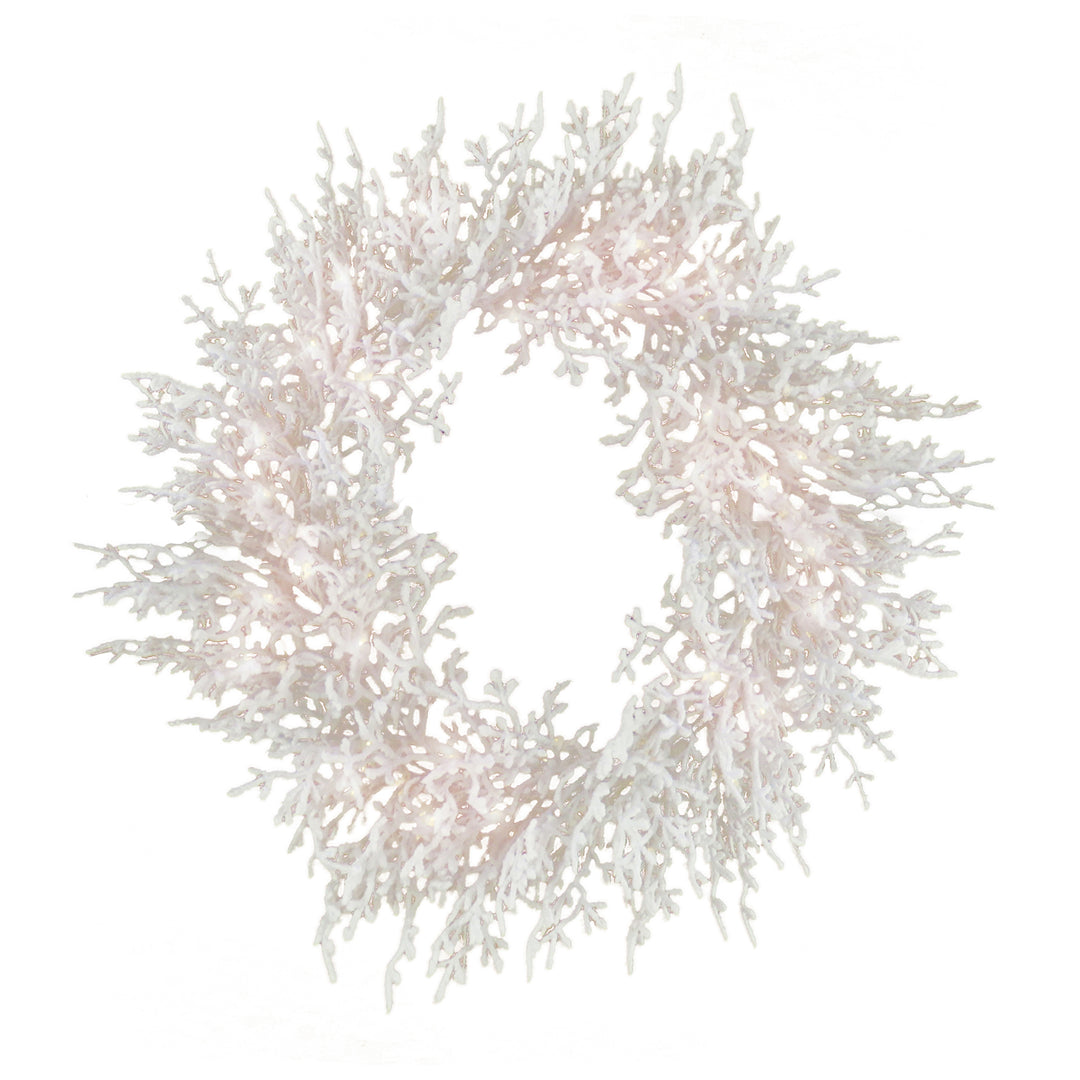 HGTV Home Collection Pre-Lit Christmas by the Sea Coral Artificial Wreath Pre-Strung with Warm White LED Lights , Plug In with Timer, HGTV Home Collection, Coral, 30in