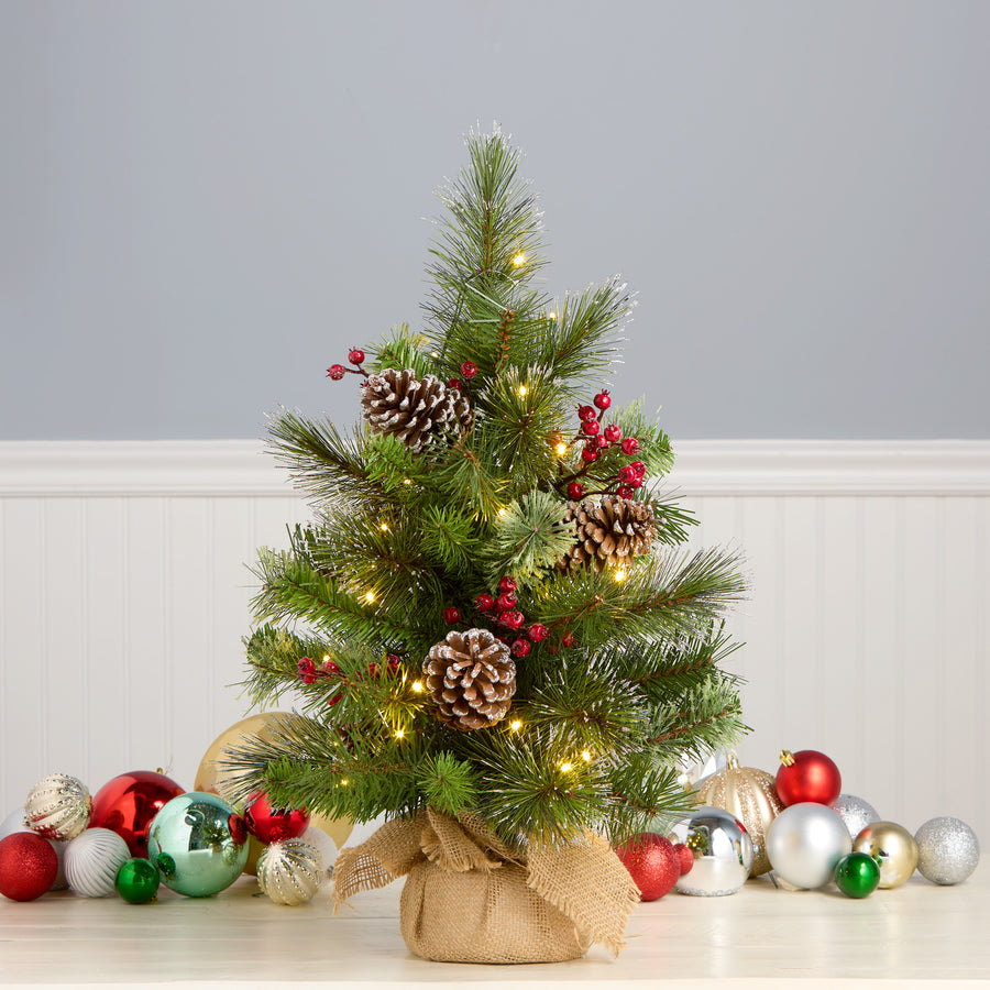 2 ft. Iced Berry Pine Burlap Tree with LED Lights