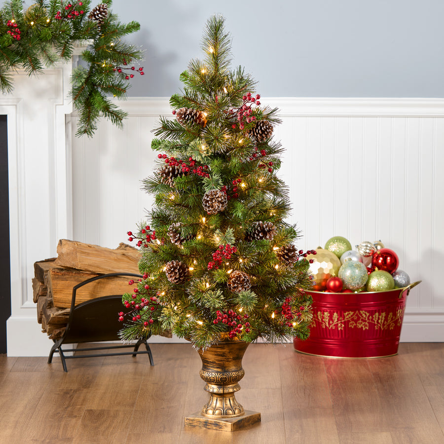 4 ft. Pre-Lit Iced Berry Pine Entrance Tree with Clear Lights