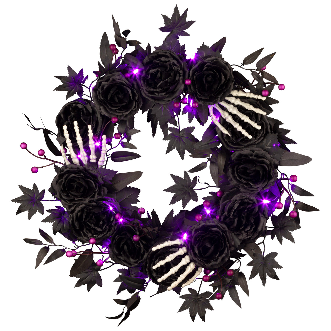 Halloween 24inch Artificial Bad to the Bone Wreath, 30 Purple LED Lights, Battery Operated - National Tree Company