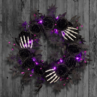 Halloween 24inch Artificial Bad to the Bone Wreath, 30 Purple LED Lights, Battery Operated - National Tree Company