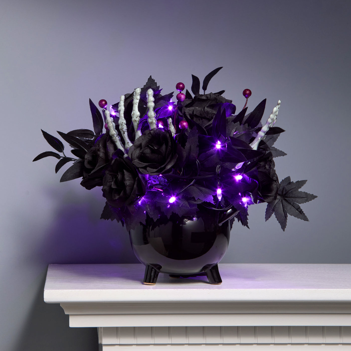 Halloween 19inch Artificial Bad to the Bone Halloween Centerpiece, 30 Purple LED Lights, Battery Operated - National Tree Company