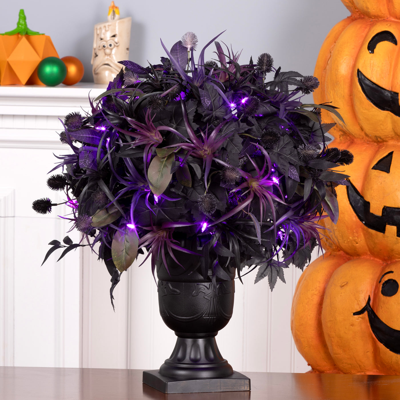 Halloween 24inch Artificial Scare in the Air Halloween Potted Plant, 30 Purple LED Lights, Battery Operated - National Tree Company